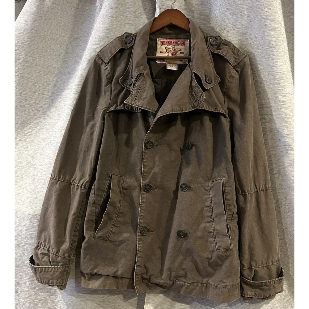 True‎ Religion Double Breasted Cotton Pea Coat Military Green Brown Jacket Large